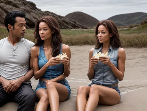 They sit together in a movie.  eating popcorn.,mcgarrett,extant,tidelands,coconuts on the beach,cambodians,cardellini,baoku,brangelina,commercial,beachheads,esalen,beachers,video scene,blue hawaii,son