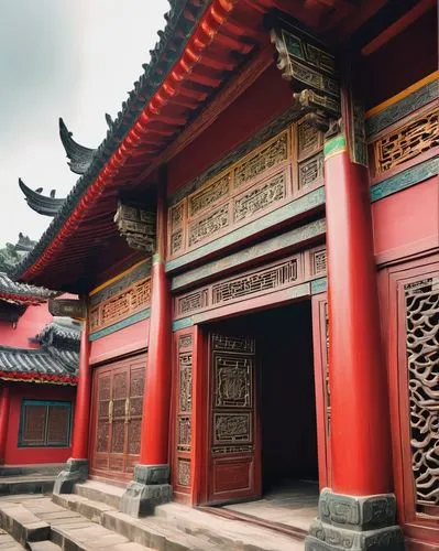 Ancient Chinese architecture, Zhou Dynasty style, grandiose, majestic, intricately carved wooden doors, curved eaves, upturned roof corners, golden glazed tiles, crimson red walls, white marble floors