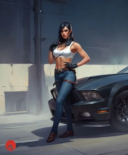 A beautiful lady in whut tight croptop and denim jeans with a white mustang,a painting of a woman with her hands on her hip leaning against a car,muscle car cartoon,shadman,camero,muscle car,american 