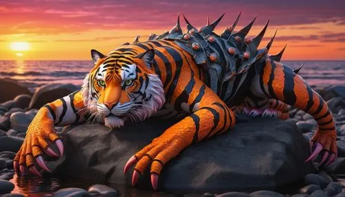 A fantastical creature, half crab and half tiger, sits majestically on a rocky beach. The crab-tiger has the sharp claws and strong shell of a crab, combined with the muscular body and fur of a tiger.