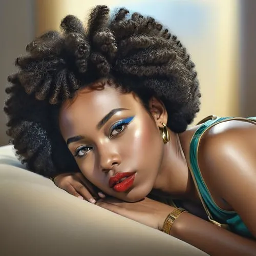 a black girl, afro girl, photorealistic art, a black girl, girl lying down, calm girl, photorealistic art.,a woman with big afro hair posing for the camera,afroasiatic,beautiful african american women