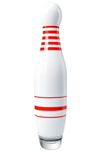 Transparent background, single bowling pin, white and red stripes, glossy surface, reflective material, 3D rendering, dynamic lighting, dramatic shadows, low-angle shot, symmetrical composition, high-