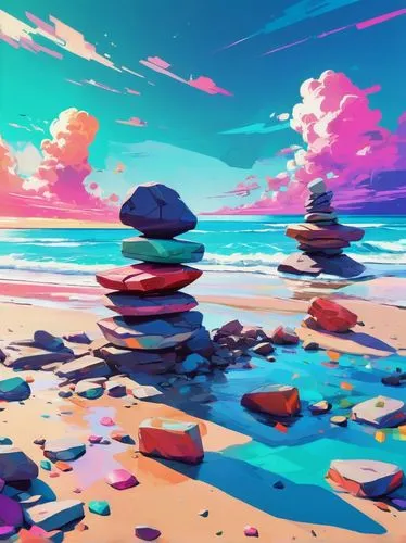 colorful background,beach landscape,background with stones,virtual landscape,palette,colored rock,stacked rocks,ocean,futuristic landscape,colorful water,sea landscape,low poly,sea,background colorful,3d background,mountain beach,rocky beach,landscape background,horizon,fallen colorful,Conceptual Art,Daily,Daily 21