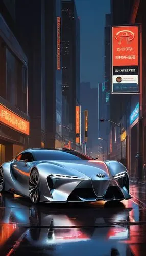 Toyota New Global Architecture Platform, futuristic car design, sleek lines, metallic silver body, LED headlights, sporty wheels, low-profile tires, dynamic posture, urban cityscape background, neon l