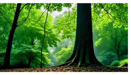 Tall tree, green leaves, branches stretching upwards, thick trunk, roots deep in earth, warm sunlight filtering through leaves, dappled shadows on ground, 3/4 composition, shallow depth of field, vibr