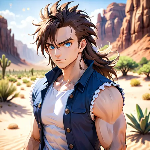 Tall Man, big chest, Muscle arm ,long hair,Mohican, mohawk hair,  blue Eyes, brown hair ,desert background,male character,capture desert,desert,kayenta,desert run,mullet,mohawk,vegeta,pompadour,saguar