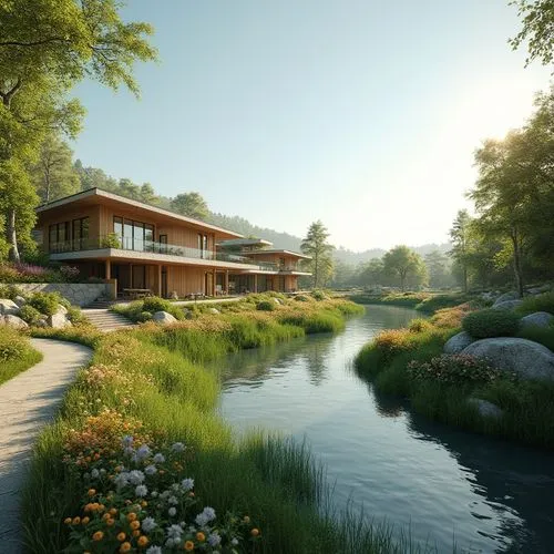 fallingwater,forest house,3d rendering,dunes house,house by the water,ecovillages,streamside,renderings,snohetta,mid century house,ecovillage,beautiful home,modern house,house in the mountains,house with lake,amanresorts,timber house,house in the forest,landscaped,house in mountains,Photography,General,Realistic