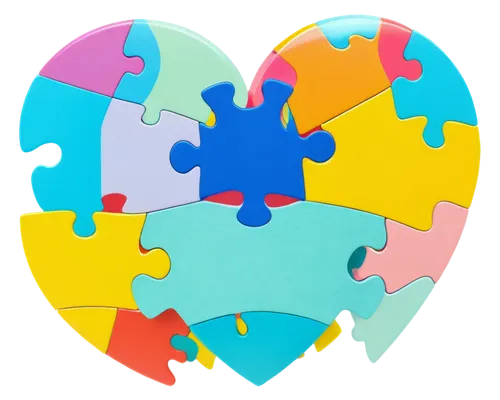 Autism heart, colorful puzzle pieces, shiny surface, reflection, gentle smile, soft focus, warm light, pastel color tone, minimalist composition, symbolic representation, 3D rendering, glossy finish.,