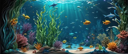 underwater scene, kelp sacs, No Man's Sky game style, vibrant colors, alien aquatic plants, bioluminescent marine life, floating bubbles, serene ocean floor, ambient lighting, detailed textures, sci-f