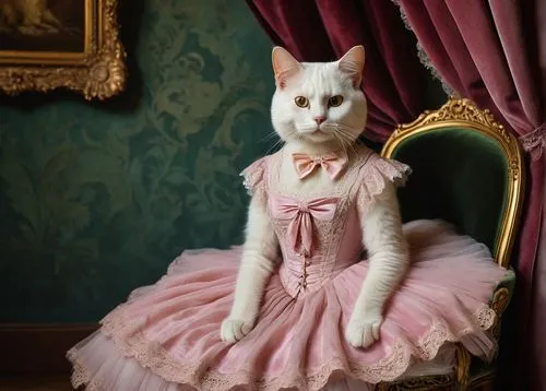 pink cat,napoleon cat,vintage cat,haute couture,animals play dress-up,aristocrat,doll cat,tea party cat,victorian style,victorian lady,the pink panter,turkish angora,cat image,cat portrait,cat european,debutante,pink chair,figaro,ballet master,cat,Art,Classical Oil Painting,Classical Oil Painting 13