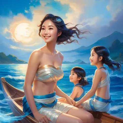 A traditional Japanese Ama pearl diver, two daughters sitting in the boat, big smile, wearing traditional loincloth with a blue wave print style,,A traditional Japanese Ama pearl diver, two daughters 