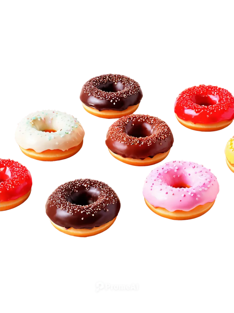 Colorful doughnuts, assorted flavors, glazed, iced, sprinkles, chocolate chips, strawberry frosting, creamy filling, bite taken out, crumbs scattered, morning light, shallow depth of field, warm color