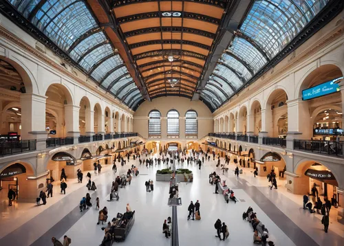 train station, Moynihan Train Hall, bustling atmosphere, travelers with luggage, grand architecture, high ceilings, large windows, natural light, steel structures, intricate details, marble floors, di