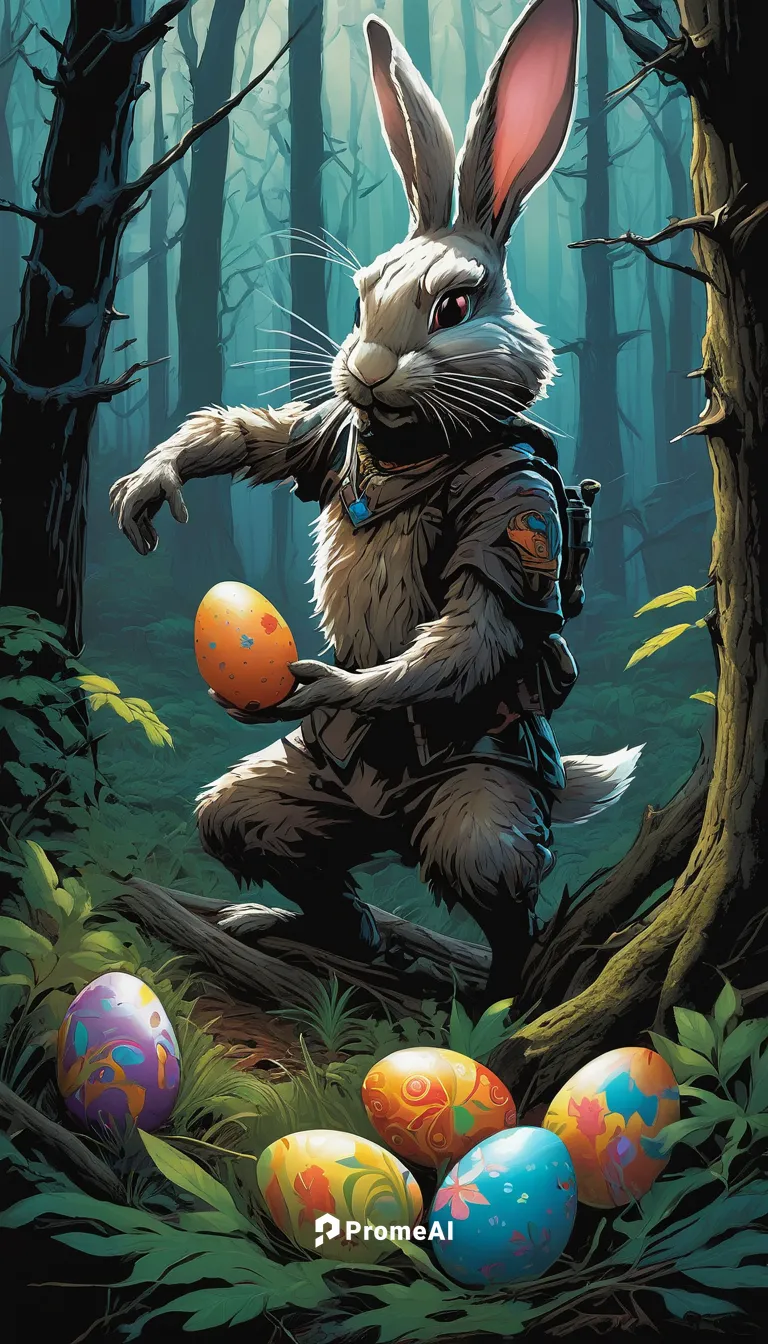 Imagine a suspenseful adventure where the Easter bunny must navigate a dark and mysterious forest to hide the Easter eggs.,happy easter hunt,easter card,retro easter card,easter theme,easter bunny,hap