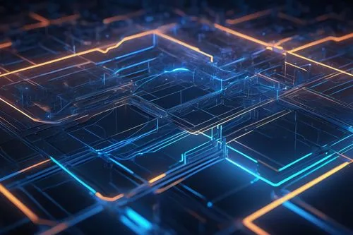 3D, futuristic, high-tech, layer architecture diagram, complex network, glowing blue lines, sleek metallic background, subtle grid pattern, neon lights, holographic effect, modern minimalist style, ab