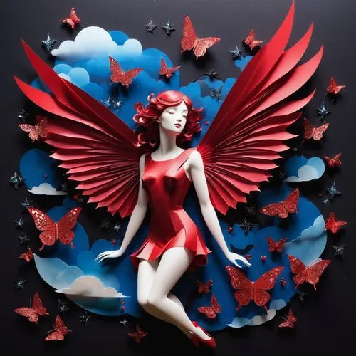 red butterfly,winged heart,cupido (butterfly),cupid,red fly,red bird,maple leaf red,winged,red leaf,songbird,faery,faerie,valentine pin up,valentine day's pin up,angel wings,fallen angel,flower fairy,fire angel,red ribbon,fantasy art,Illustration,Retro,Retro 03