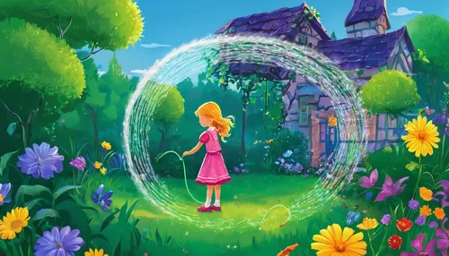 Write a story about a magical hose pipe that can grant wishes.,fairy world,wishing well,children's fairy tale,dandelion hall,wonderland,children's background,fairy tale,fairy village,dandelion meadow,