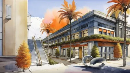 an artistic painting of a building with palm trees and stairs,beverly hills,sketchup,vanderpump,townhome,shophouse,renderings,beverly hills hotel,luxury real estate,lofts,concept art,autodesk,watercol