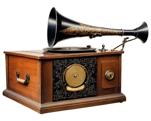 Vintage phonograph, wooden cabinet, golden horn, intricate carvings, old records, vinyl discs, mechanical arm, needle, copper wires, polished wood, ornate details, soft focus, warm lighting, shallow d