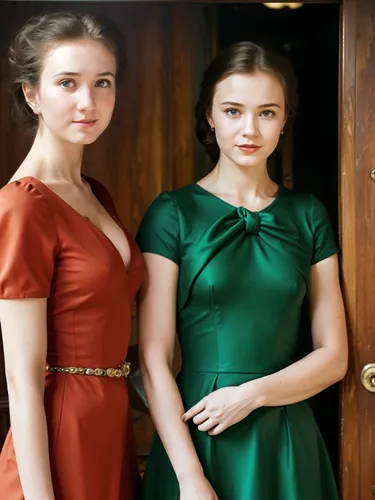 irishwomen,girl in red dress,green dress,two girls,belarusians,red and green