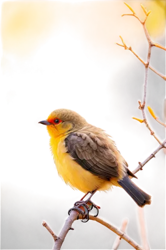 Small bird, perched, bright yellow feathers, orange beak, black eyes, fluffy wings, tiny legs, standing on branch, morning sunlight, soft focus, shallow depth of field, warm color tone, cinematic ligh