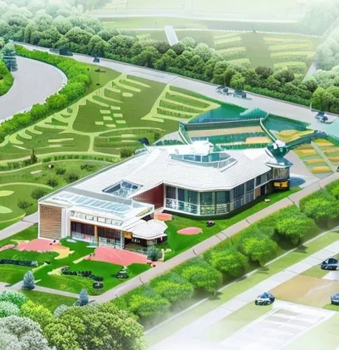 a shopping mall, raining afternoon, realistic rendering of the shopping, cars ,golf hotel,golf resort,feng shui golf course,grand national golf course,equestrian center,sport venue,tennis court,the go