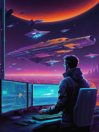 futuristic landscape,cyberpunk,futuristic,vast,scifi,cyberspace,horizon,space art,sci fiction illustration,dusk background,aesthetic,dusk,computer,vapor,computer room,digital nomads,world digital painting,cyber,cg artwork,the horizon,Conceptual Art,Sci-Fi,Sci-Fi 22