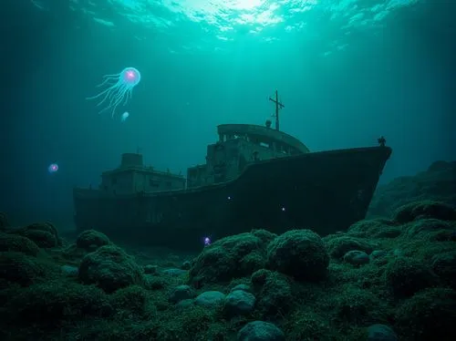 Mysterious underwater scene, dark cyan hues, eerie bioluminescent creatures, glowing jellyfish, abandoned shipwreck, rusty metal debris, seaweed-covered rocks, misty ocean atmosphere, soft blue-green 