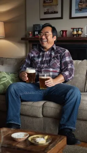 Family Guy, middle-aged man, blue collar worker, casual wear, plaid shirt, jeans, sneakers, beer belly, happy expression, sitting on couch, watching TV, living room, warm lighting, wooden coffee table