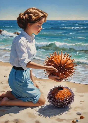 Create a dialogue between two friends who stumble upon a sea-urchin while on a peaceful beach vacation. Capture their awe and curiosity.,sea urchins,sea-urchin,sea urchin,coconuts on the beach,seaside