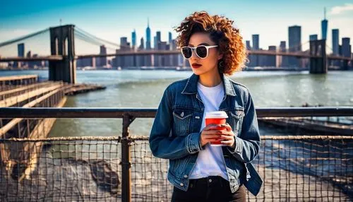 Aro New York, trendy fashionista, 20s, bold hairstyle, statement sunglasses, casual denim jacket, graphic t-shirt, distressed boyfriend jeans, black and white sneakers, holding a coffee cup, walking, 