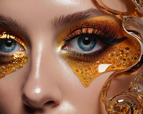 Epica - Photo Credit: Katherine Amy Vega,gold foil mermaid,golden eyes,gold glitter,gold paint stroke,eyes makeup,golden mask,gold eyes,foil and gold,tears bronze,glitter eyes,women's eyes,gold foil a