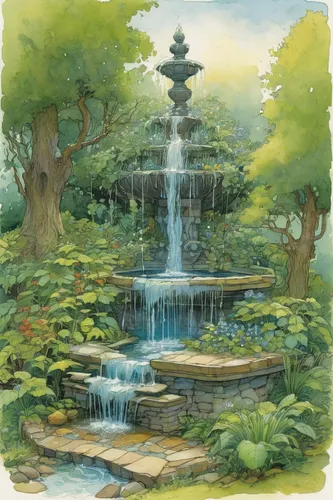 Fountain for website,fountain pond,garden pond,watercolor background,a small waterfall,crescent spring,wishing well,koi pond,stone fountain,japanese garden ornament,bird bath,japanese garden,fountain,