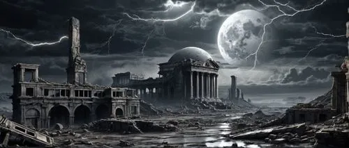 Surface of the Jupiter with a ruins of an ancient city, lien technology, silver moon, lightnings, storm,primordia,apocalyptic,post-apocalyptic landscape,pandorica,undercity,destroyed city,gatherum,apo