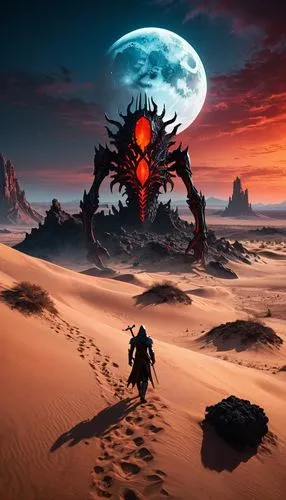 BLOODBORN art, ELDEN RING Style, dungeon and dragons style, waters are rising as the moon moves out of orbit and approaches the apocalyptic Earth  ruins to impact. desert scene  alien rocks large dune