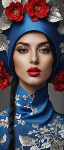 A black and white conceptual visual art photo, a poster of a woman wearing a thick ( blue ) hat (only color object in te image) covering her face, goldish red color painted on her lips, and long hair,