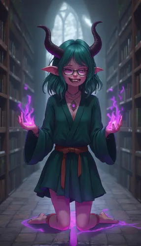 A girls holds purple flames while lightning surges under her legs.,a drawing of a girl with long horns and green hair in an arty, demonic liry,librarian,schierholtz,schierke,merula,schierstein,spellca