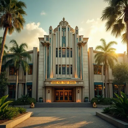 High school building, Art Deco style, geometric patterns, metallic materials, ornate decorations, grand entrance, symmetrical facade, intricate carvings, bold typography, vintage-inspired signage, lus