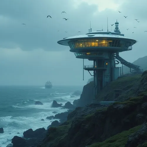 seasteading,futuristic landscape,house of the sea,sedensky,futuristic architecture,arcology,seafort,floating huts,outpost,myst,observation tower,dunes house,subantarctic,imperial shores,seahaven,the observation deck,dreamhouse,europacorp,observation deck,electrohome,Photography,General,Realistic