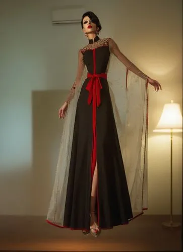 a woman in a long black gown with red ribbons,a floor-length dress,dolcenera,tahiliani,poiret,evening dress,schiaparelli,Illustration,Realistic Fantasy,Realistic Fantasy 10