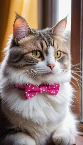 Cute cat, Down syndrome, adorable face, big eyes, small nose, sweet smile, fluffy white fur, soft whiskers, pink tongue, wearing tiny glasses, colorful bow tie, sitting on a windowsill, cozy home inte