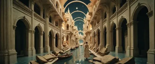 a painting of a long narrow waterway and two boats,the hassan ii mosque,hassan 2 mosque,corridors,corridor,theed,riad