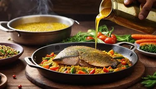 Pouring mustard oil from a mustard bottle into a frypan, with some vegetables and hilsa fish on the table next to it, wide shot, photo realistic,stir fried fish with sweet chili,paella,saffron rice,fi