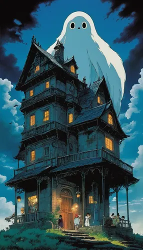 studio ghibli,ghost castle,halloween poster,witch house,halloween ghosts,witch's house,the haunted house,my neighbor totoro,haunted house,bird house,lonely house,the ghost,halloween owls,log home,birdhouse,ancient house,ghosts,halloween and horror,ghost,halloween background,Illustration,Japanese style,Japanese Style 14