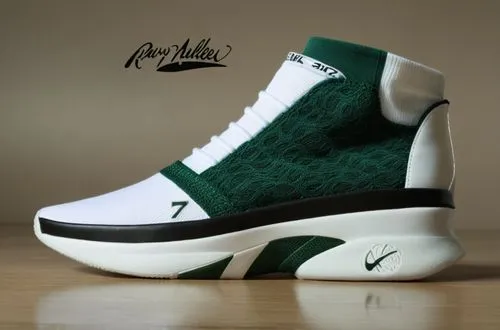 Sock upper basketball sneaker, woven fabric vamp,2-tone sock collar "7" logo, "basketball" logo, all white with deep green and black color scheme ,Custom court shoe 2,leprechaun shoes,xiii,jordan shoe