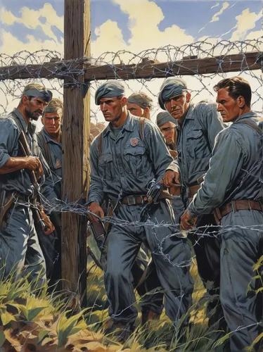 In a war-torn country, a group of prisoners plan their escape through a heavily guarded barbed wire fence.,soldiers,infantry,second world war,first world war,barbed wire,world war ii,wall,concentratio