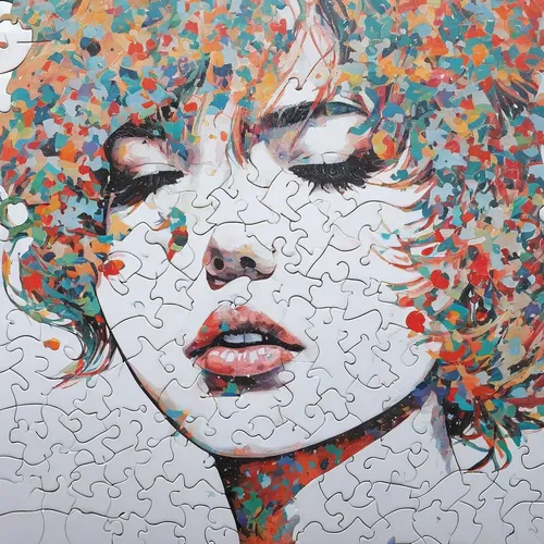 jigsaw puzzle,paper art,pointillism,chalk drawing,doily,graffiti art,puzzle pieces,mosaics,streetart,mosaic,flower wall en,graffiti splatter,cool pop art,meticulous painting,paint splatter,plastic arts,paper lace,flower art,gold foil art,marilyn monroe,Illustration,Paper based,Paper Based 19