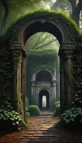 passageway,the mystical path,tunnel of plants,hollow way,archways,archway,entrada,gateway,forest path,passage,hall of the fallen,tunnel,doorways,entranceways,passageways,heaven gate,torii tunnel,abandoned places,the path,the threshold of the house,Illustration,Realistic Fantasy,Realistic Fantasy 24