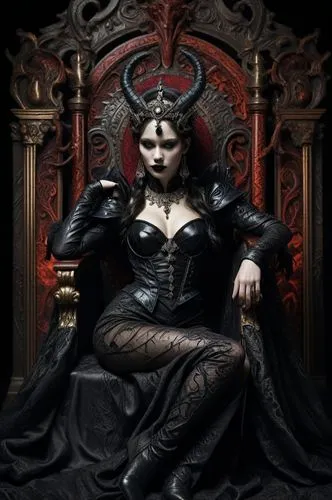 a beautiful woman dressed in black sitting on a throne,gothic portrait,gothic woman,throne,countess,the throne,hecate