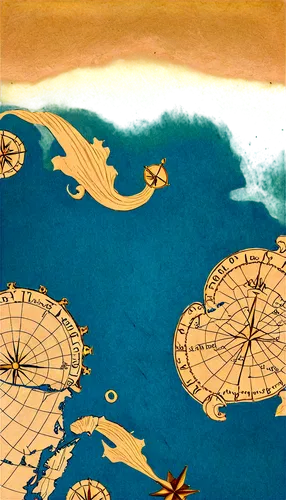 Old parchment map, yellowed paper, intricate hand-drawn lines, faded blue ocean, brown landmass, golden frame, ornate compass, scattered sea monsters, crumpled texture, warm lighting, shallow depth of